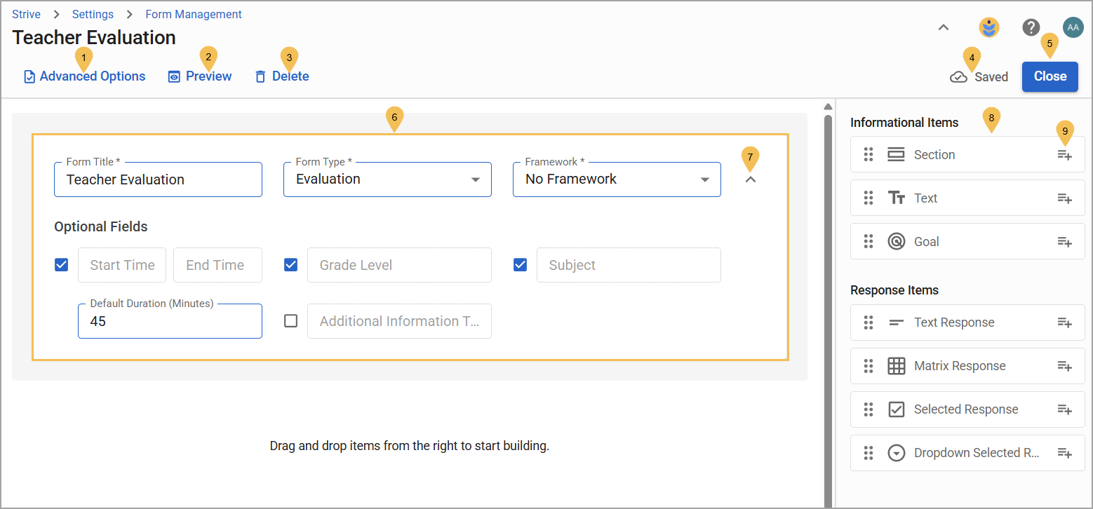 Teacher evaluation form showing parts of the screen, such as Advanced Options, form details, and form items.